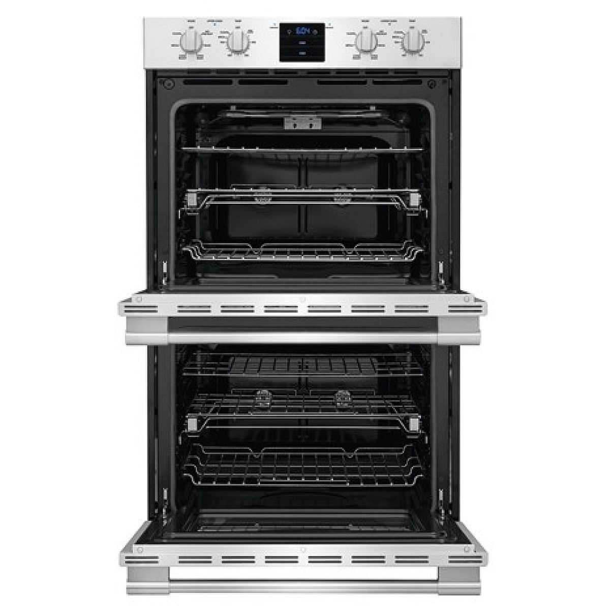 Open double wall oven showing multiple adjustable racks in both cavities.