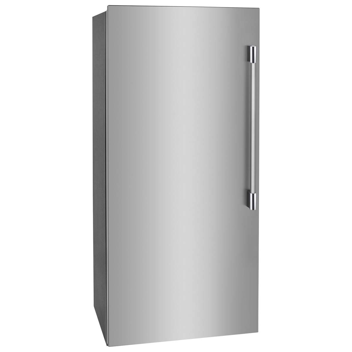 Angled view of Frigidaire Professional upright freezer highlighting smudge-proof stainless door and handle