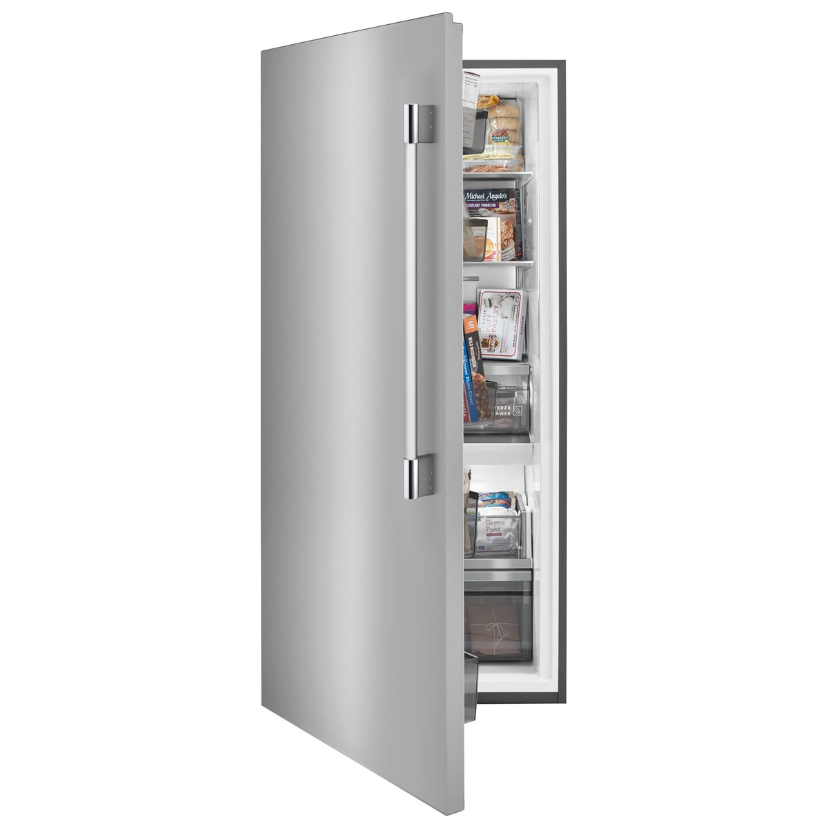 Frigidaire Professional upright freezer door slightly open showing organized bins and drawers