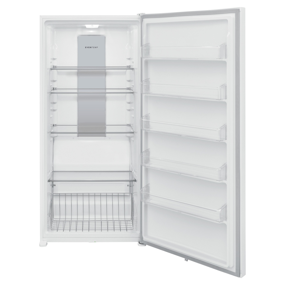 Interior view showing EvenTemp column, glass shelves, door bins and bottom wire basket.