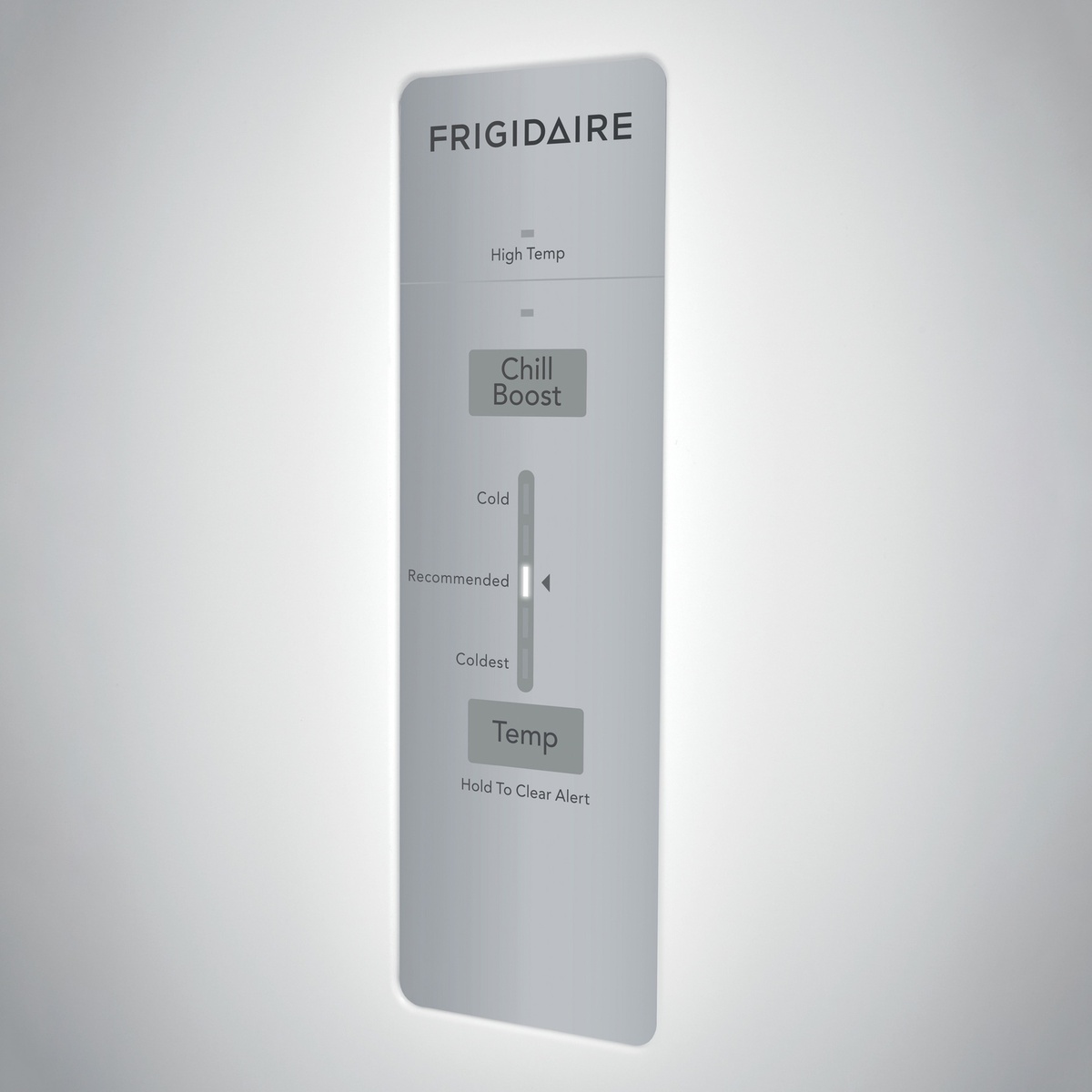Close-up of exterior control panel with Chill Boost, temperature slider and alert indicator.
