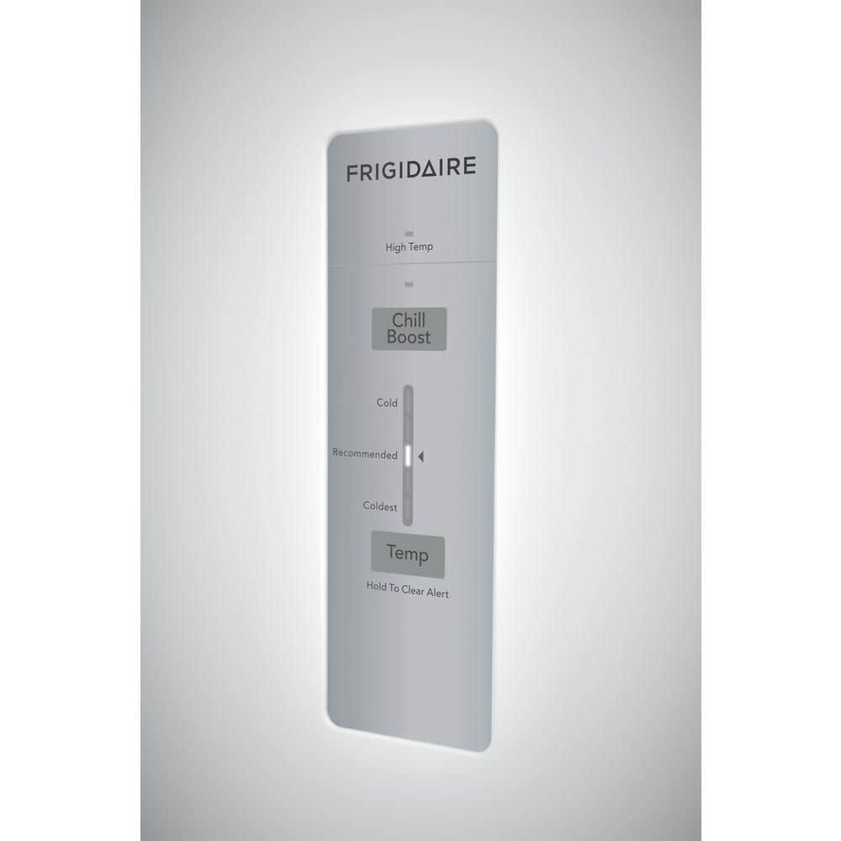 Close‑up of the Frigidaire exterior control panel with temperature slider, Chill Boost, and high‑temp indicator.