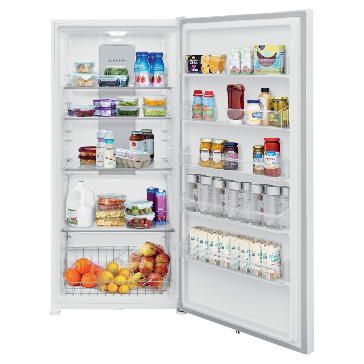 Refrigerator fully stocked, showing organized shelves and door storage capacity.