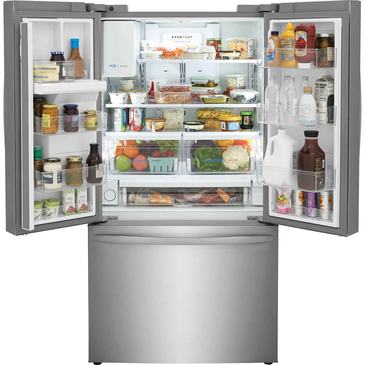 Refrigerator interior with adjustable shelves, door bins, CrispSeal drawers, and a deli drawer