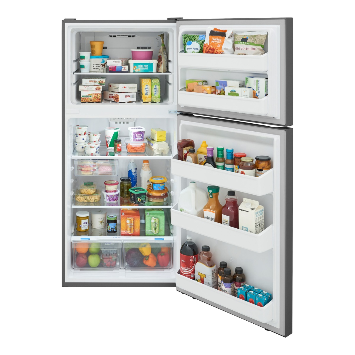 Top-freezer refrigerator fully stocked showing adjustable shelves and door bins