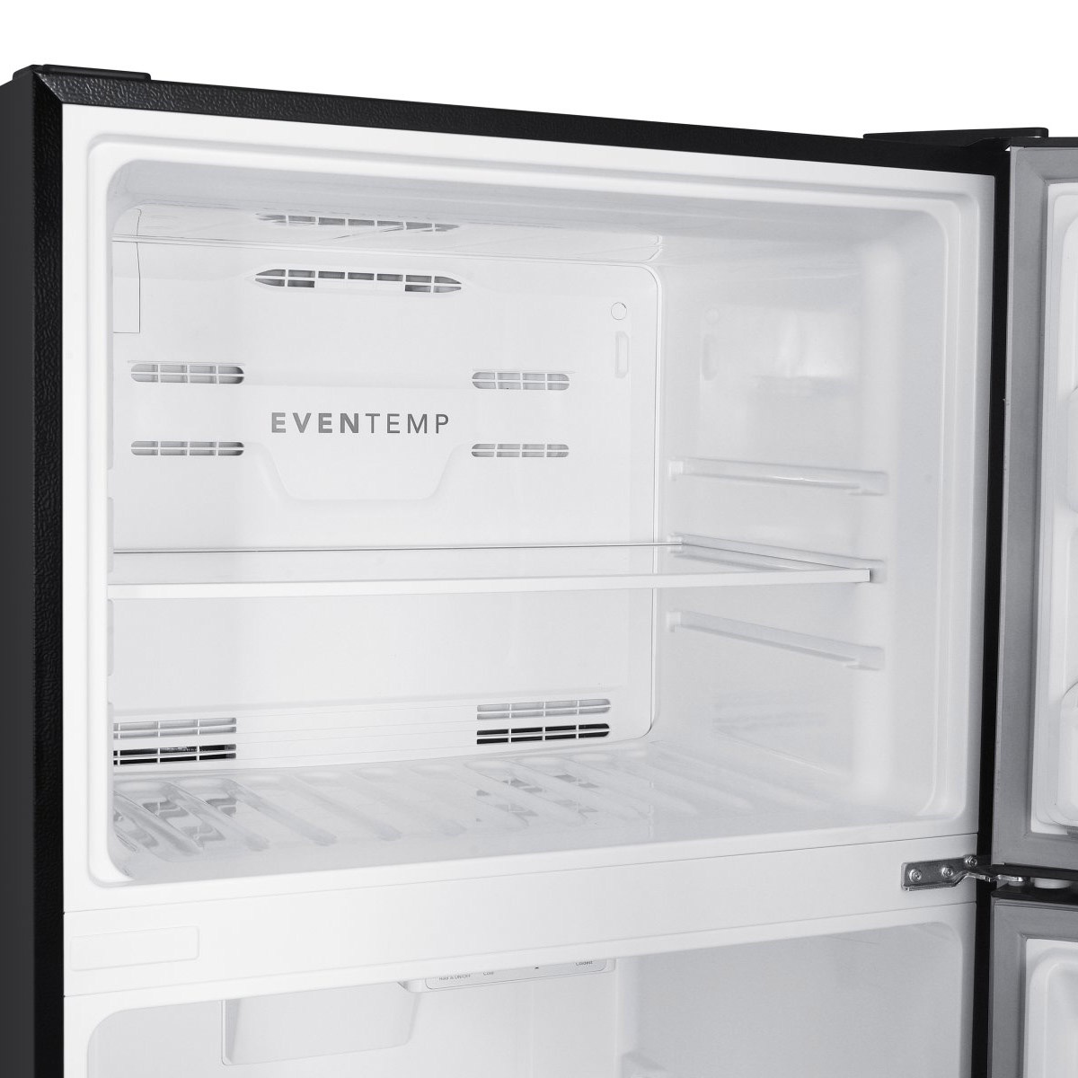 Freezer interior labeled EvenTemp showing airflow vents and shelf