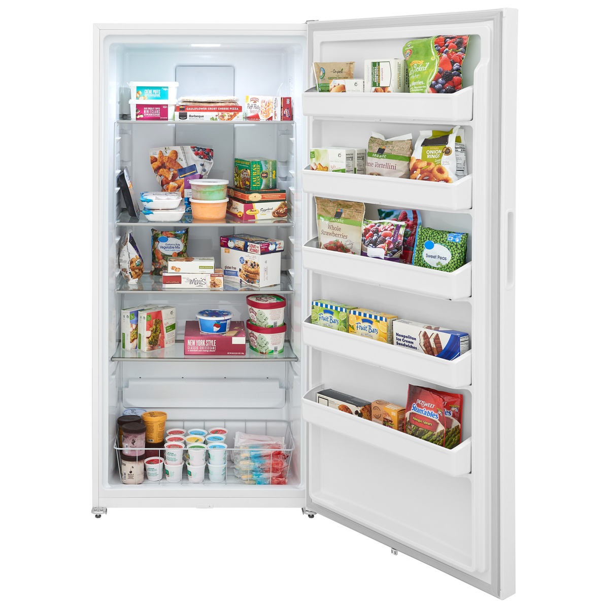 Upright freezer open and fully stocked showing adjustable glass shelves and five door bins.