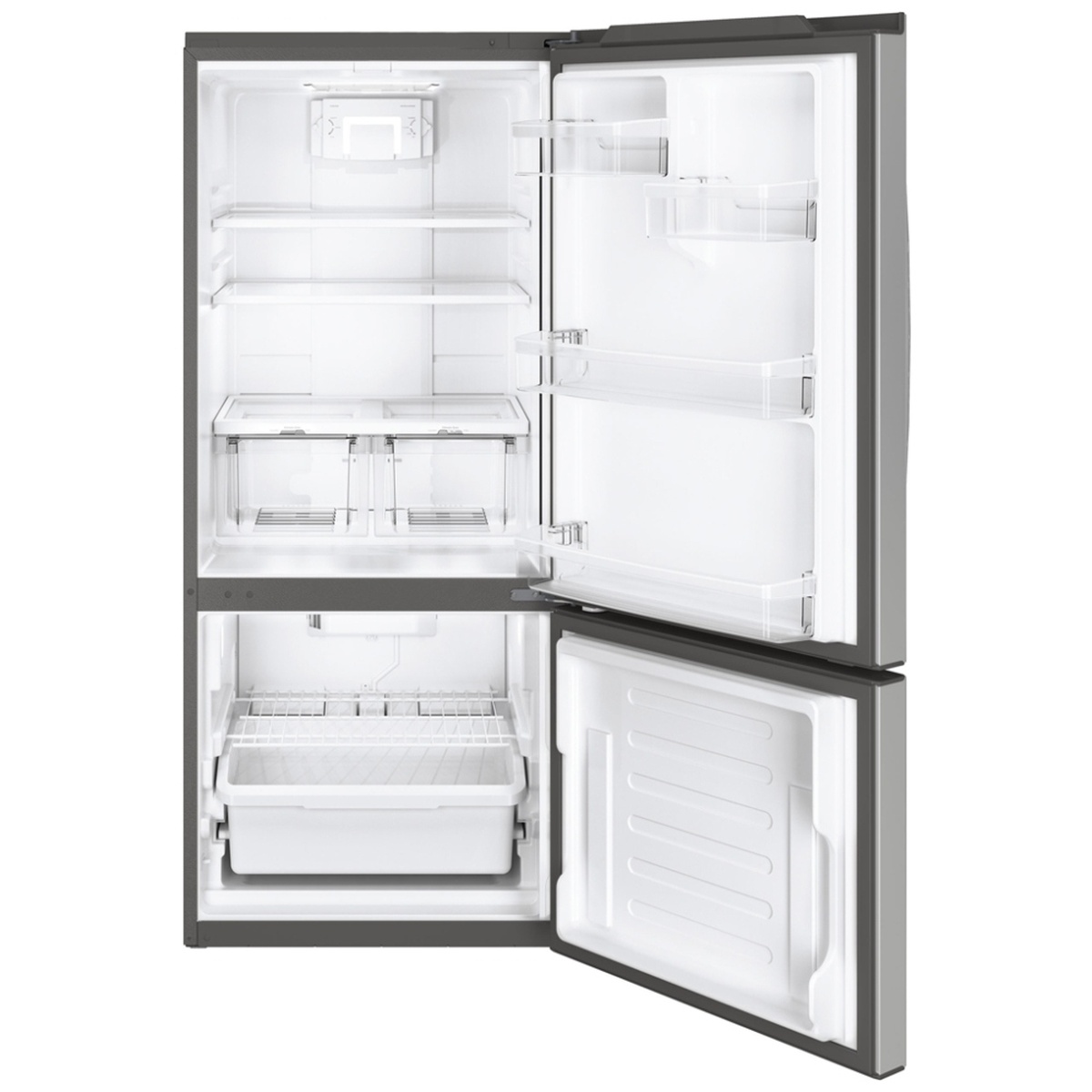 Open refrigerator showing adjustable glass shelves, two humidity crispers, door bins, and freezer basket.