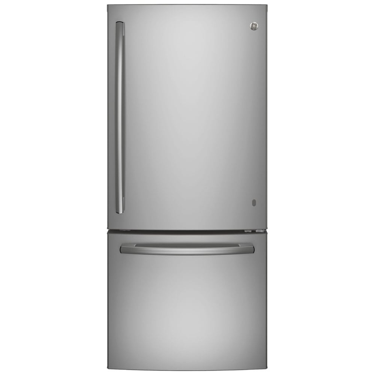 Front view of GE bottom-freezer refrigerator in stainless steel with two sleek handles.