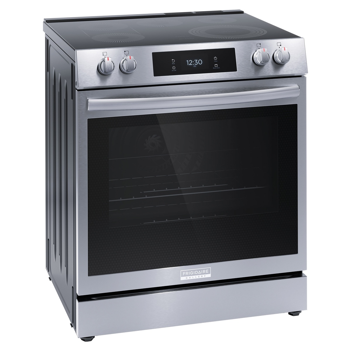 Angled front view highlighting backlit knobs and touch display on the Frigidaire Gallery slide-in range.
