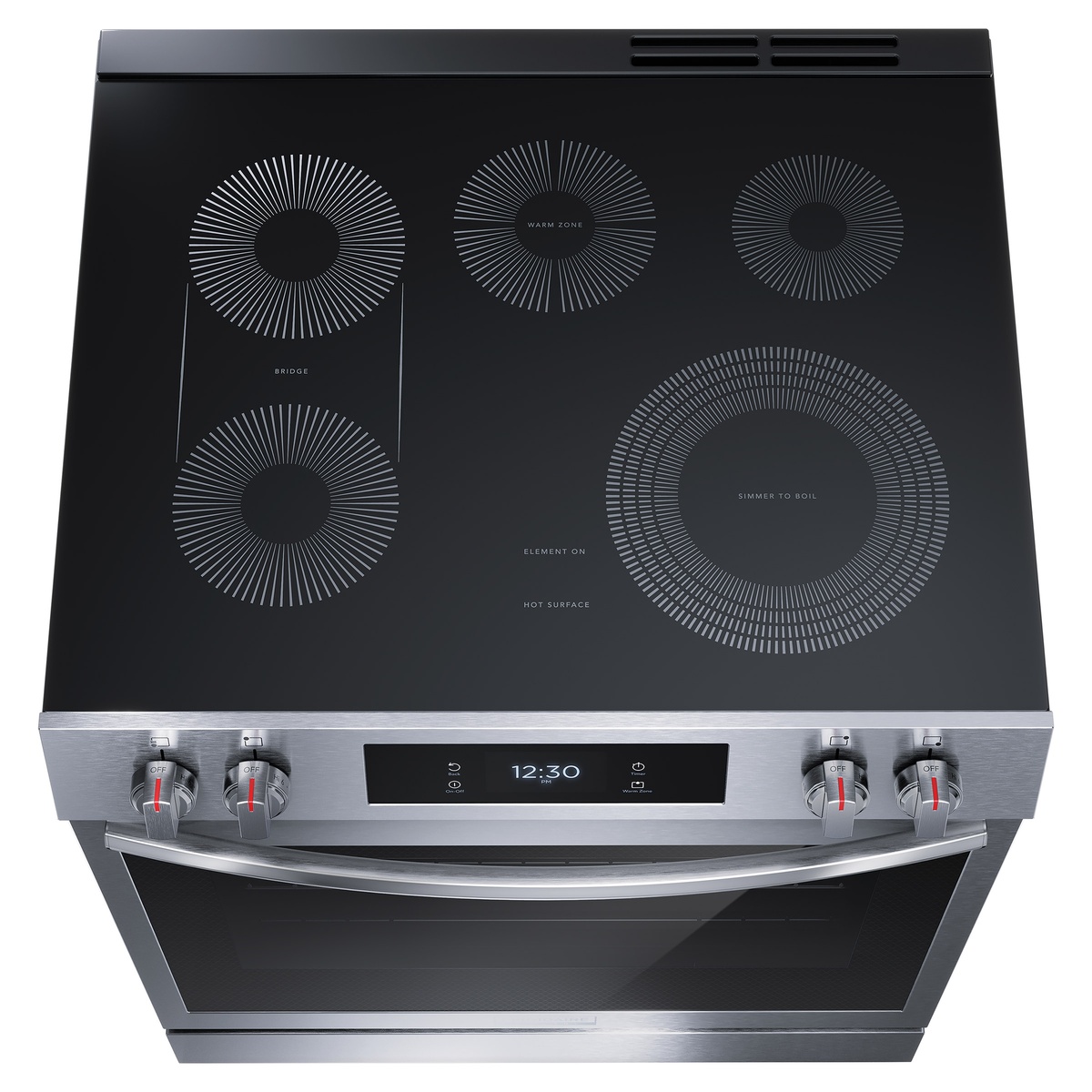 Top view of the 5-element smoothtop with bridge and warming zone labeled.