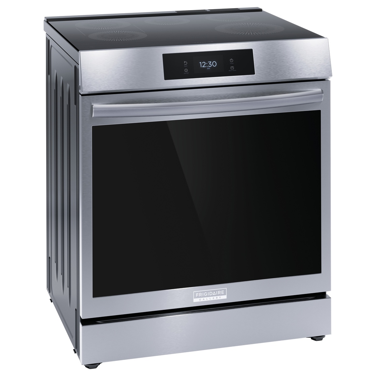 Frigidaire Gallery slide-in induction range angled view showing front controls and stainless design