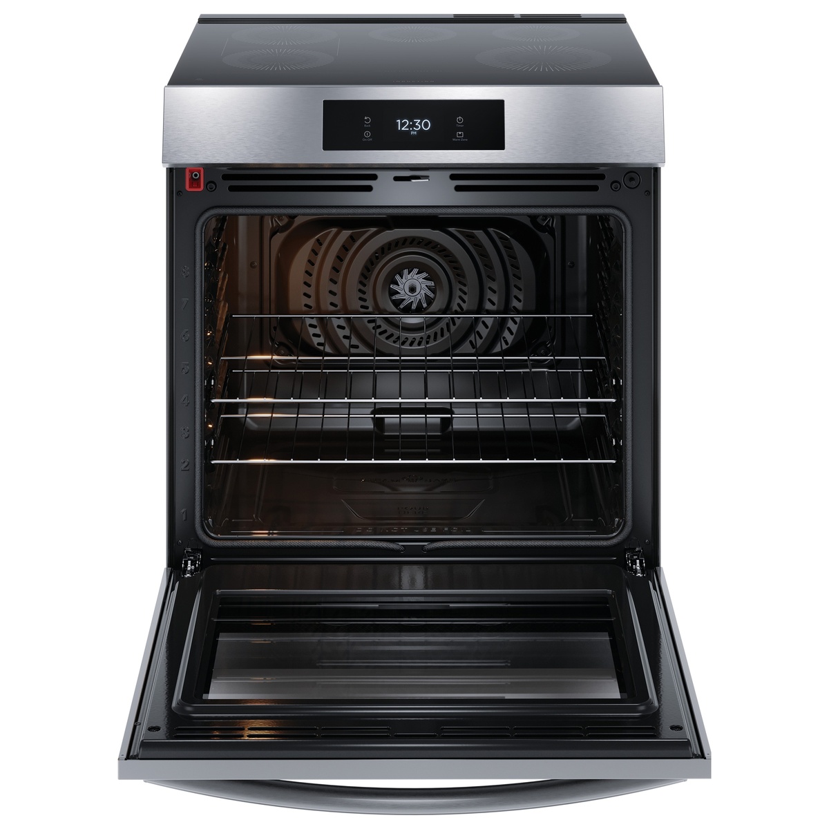 Open oven cavity showing convection fan, racks, and interior