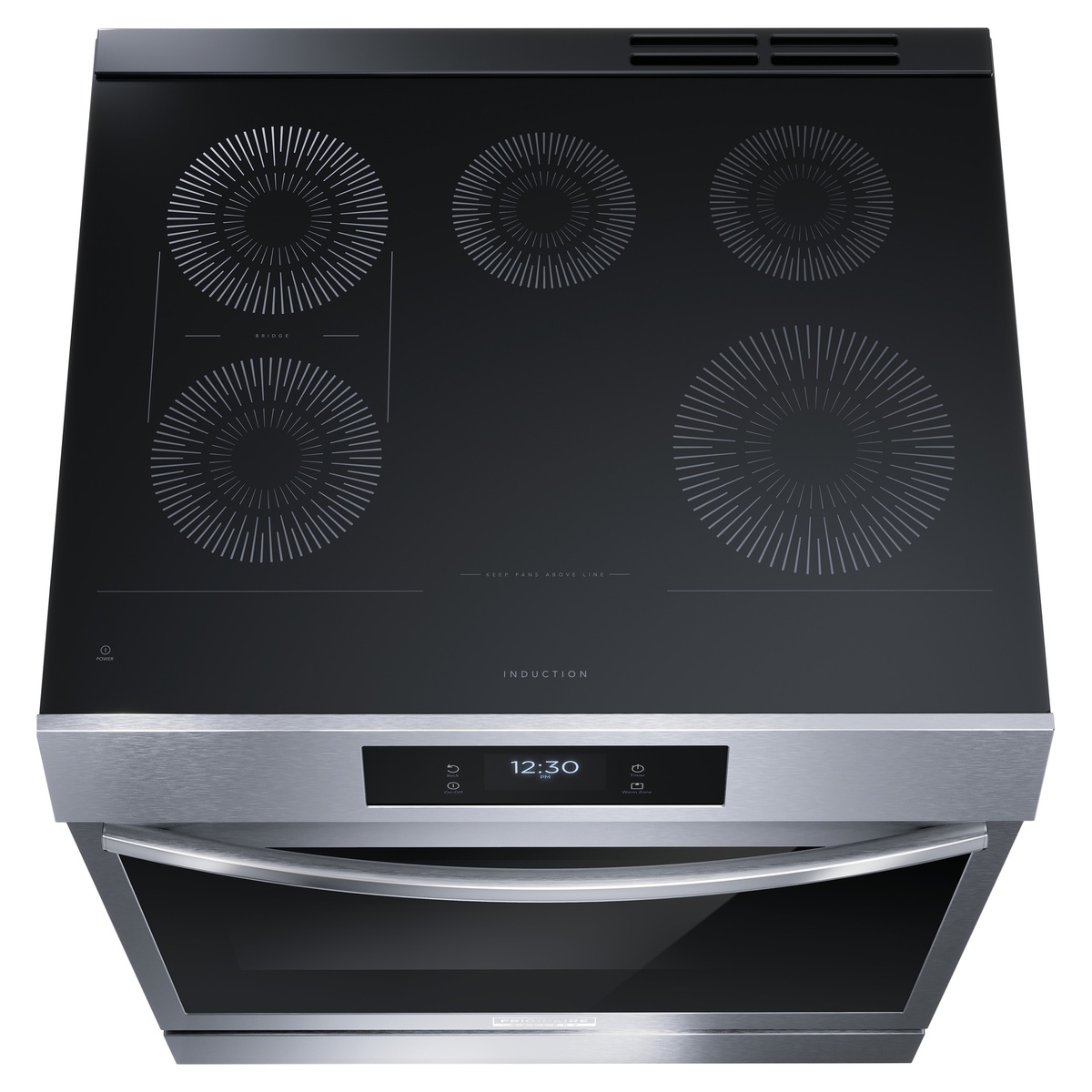Top-down view of the induction cooktop with five cooking zones