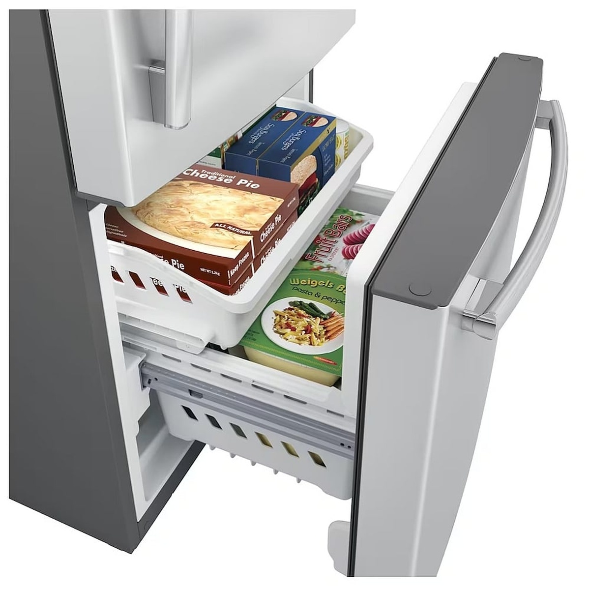 Bottom freezer drawer open with two sliding baskets holding frozen foods
