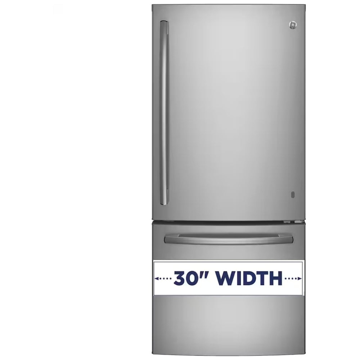 Front view of refrigerator with graphic indicating 30-inch width