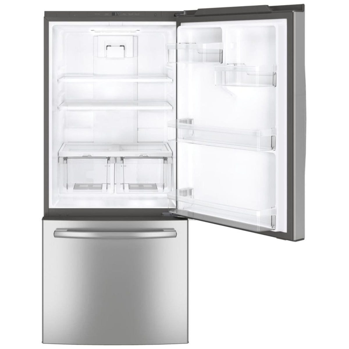 Open refrigerator showing bright LED lighting, glass shelves, door bins, and two crispers