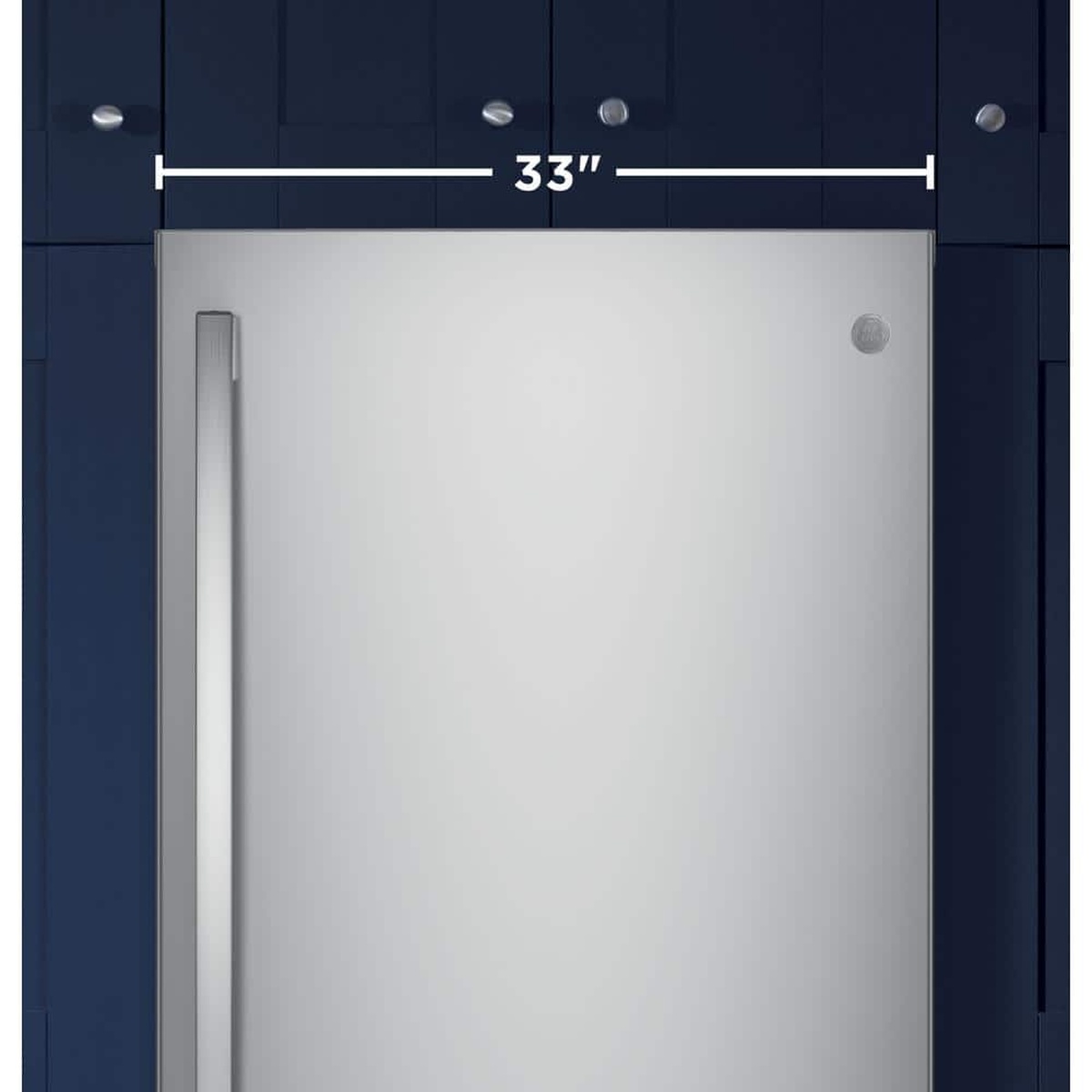 Front view of refrigerator showing 33-inch width fitting between cabinets.