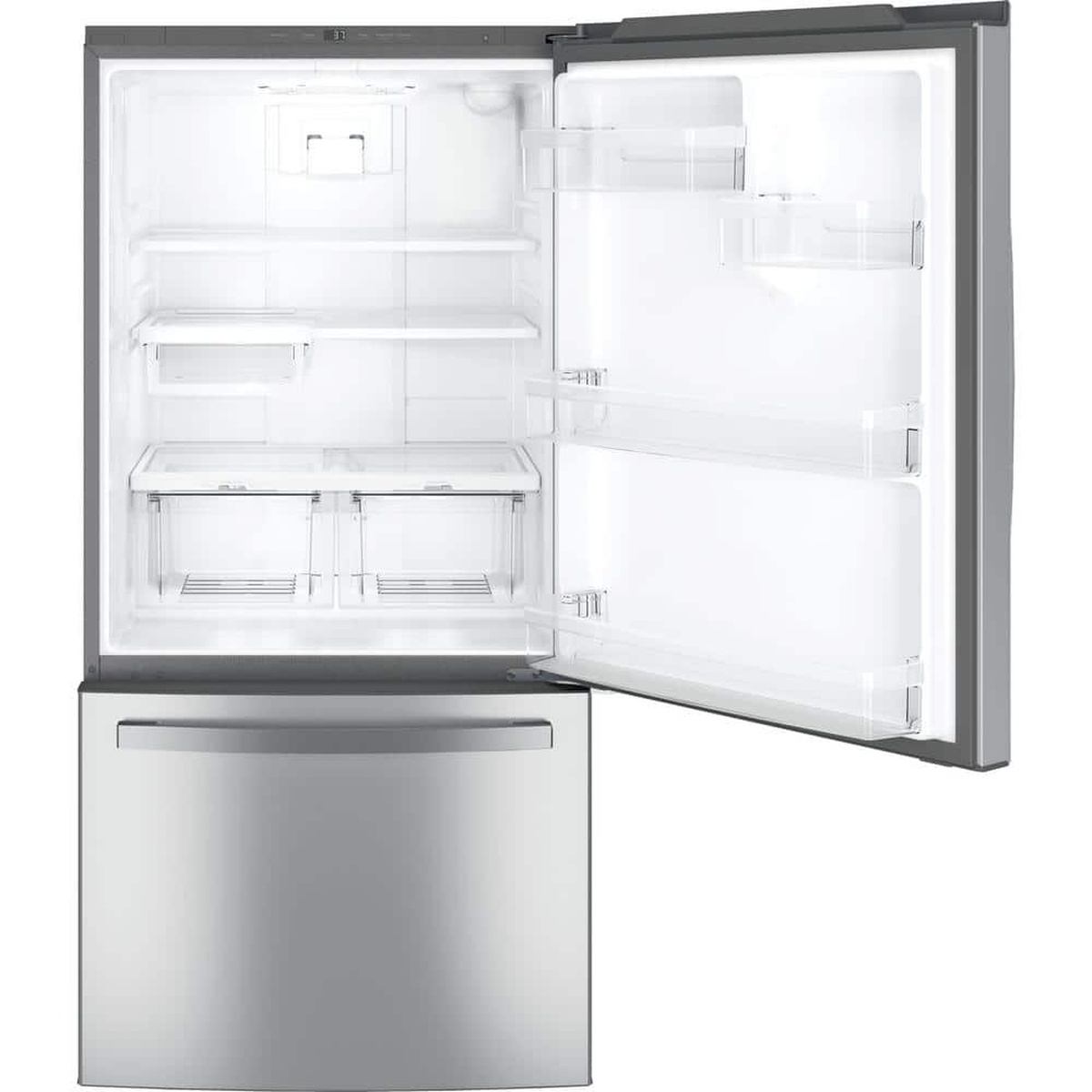 Interior of GE bottom-freezer refrigerator with shelves, door bins, and sliding snack drawer.