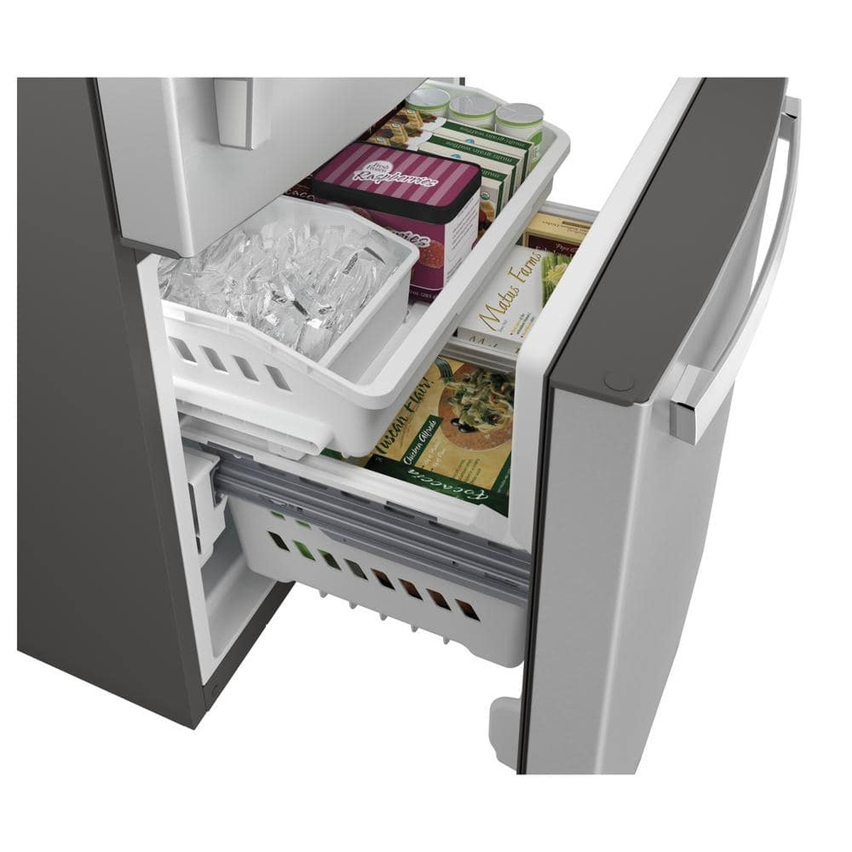 Pull-out bottom freezer drawer with ice bin and storage baskets.