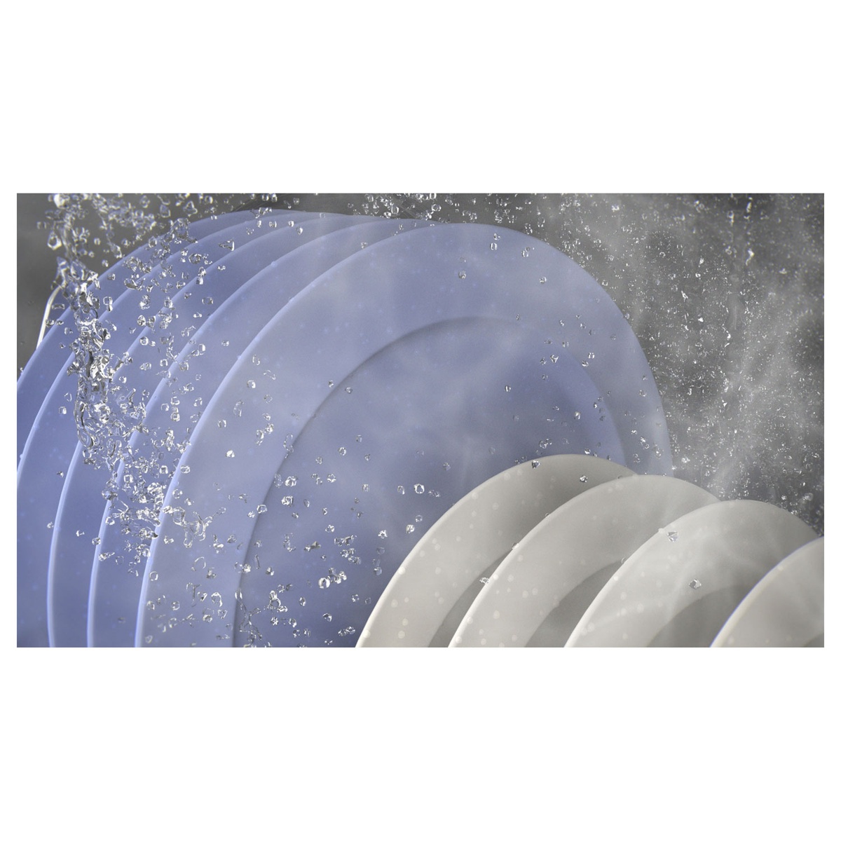 Close-up of steam and water spraying across loaded dishes.