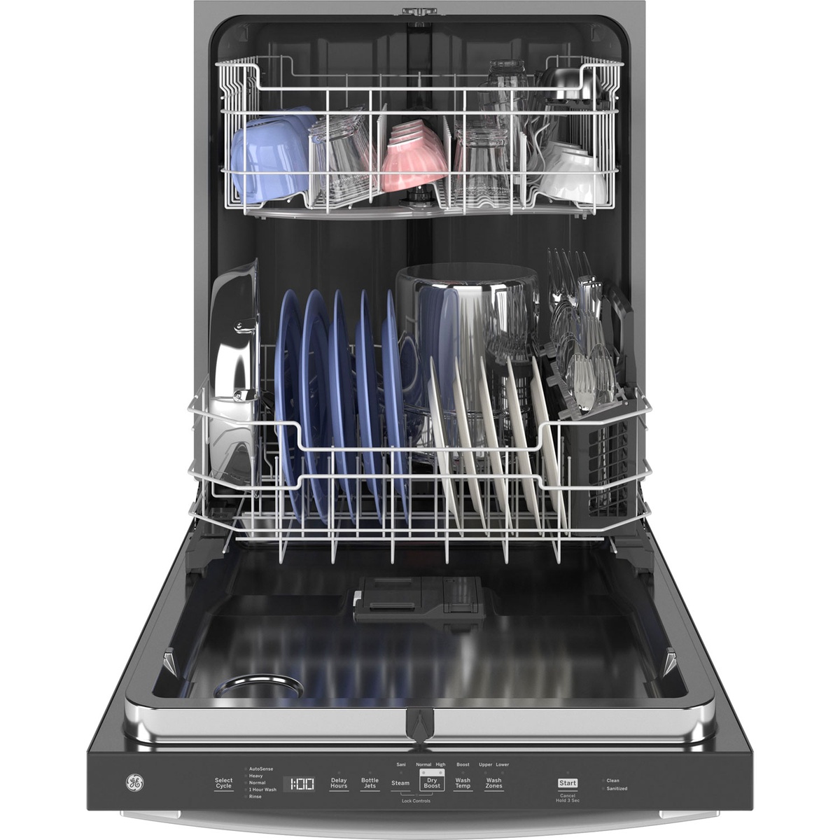 Dishwasher fully loaded showing adjustable upper rack and spacious interior.