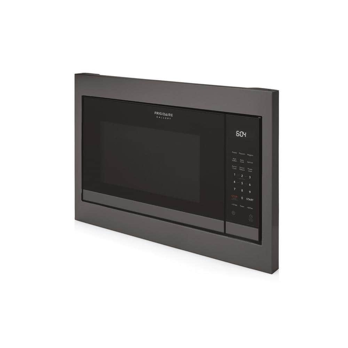 Angled view of microwave installed with dark stainless 27-inch trim kit