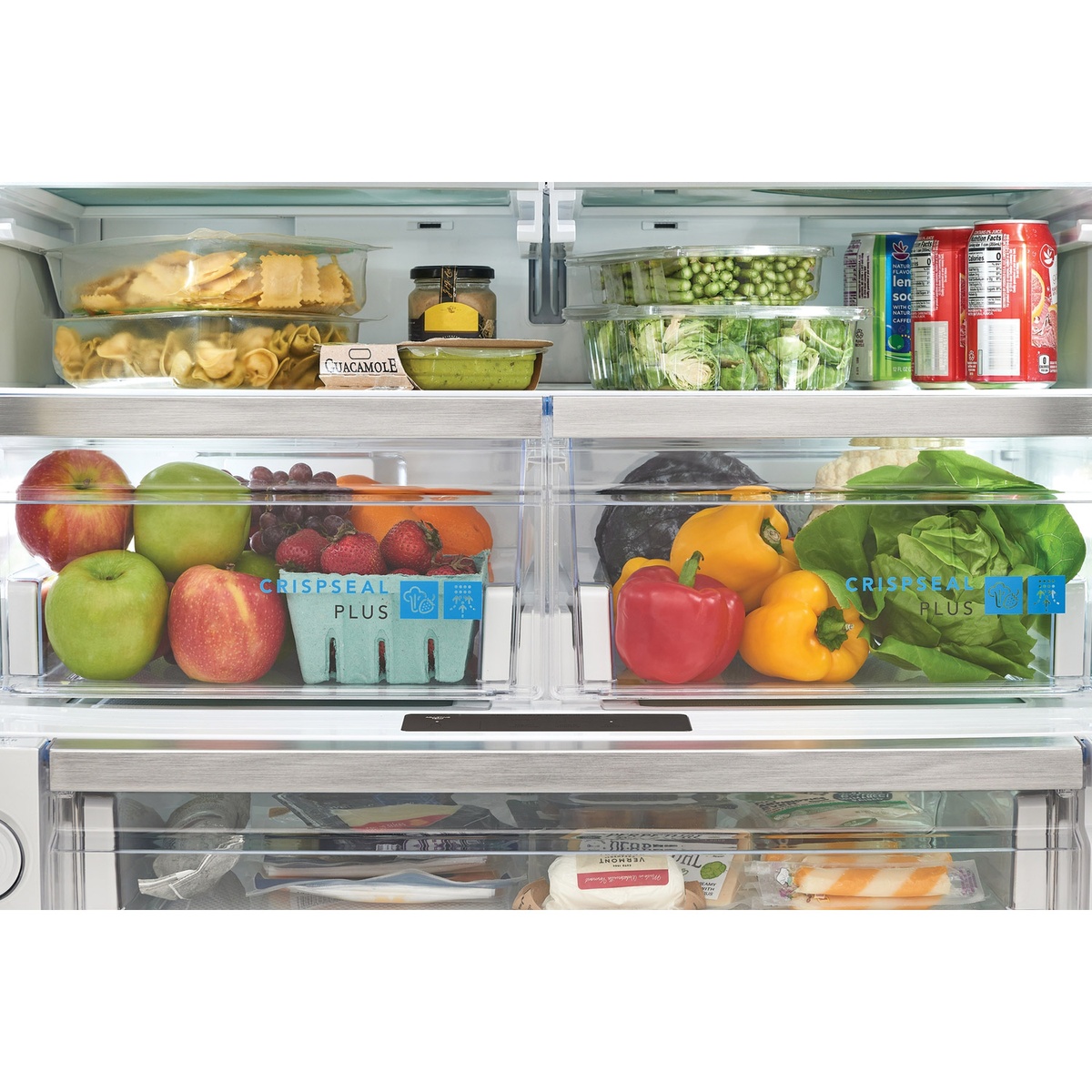 Close-up of CrispSeal Plus produce drawers with fresh fruits and vegetables