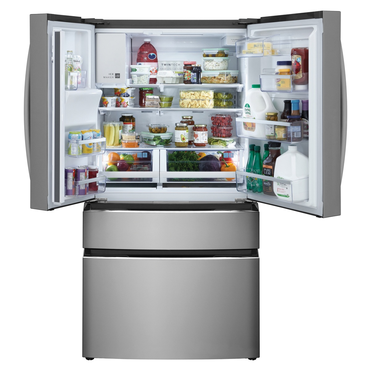 Refrigerator interior stocked with food showing adjustable shelves and door bins