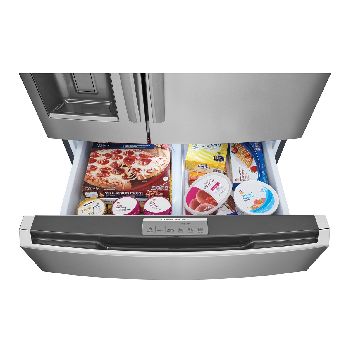 Custom-Flex Temp middle drawer filled with frozen pizzas and desserts