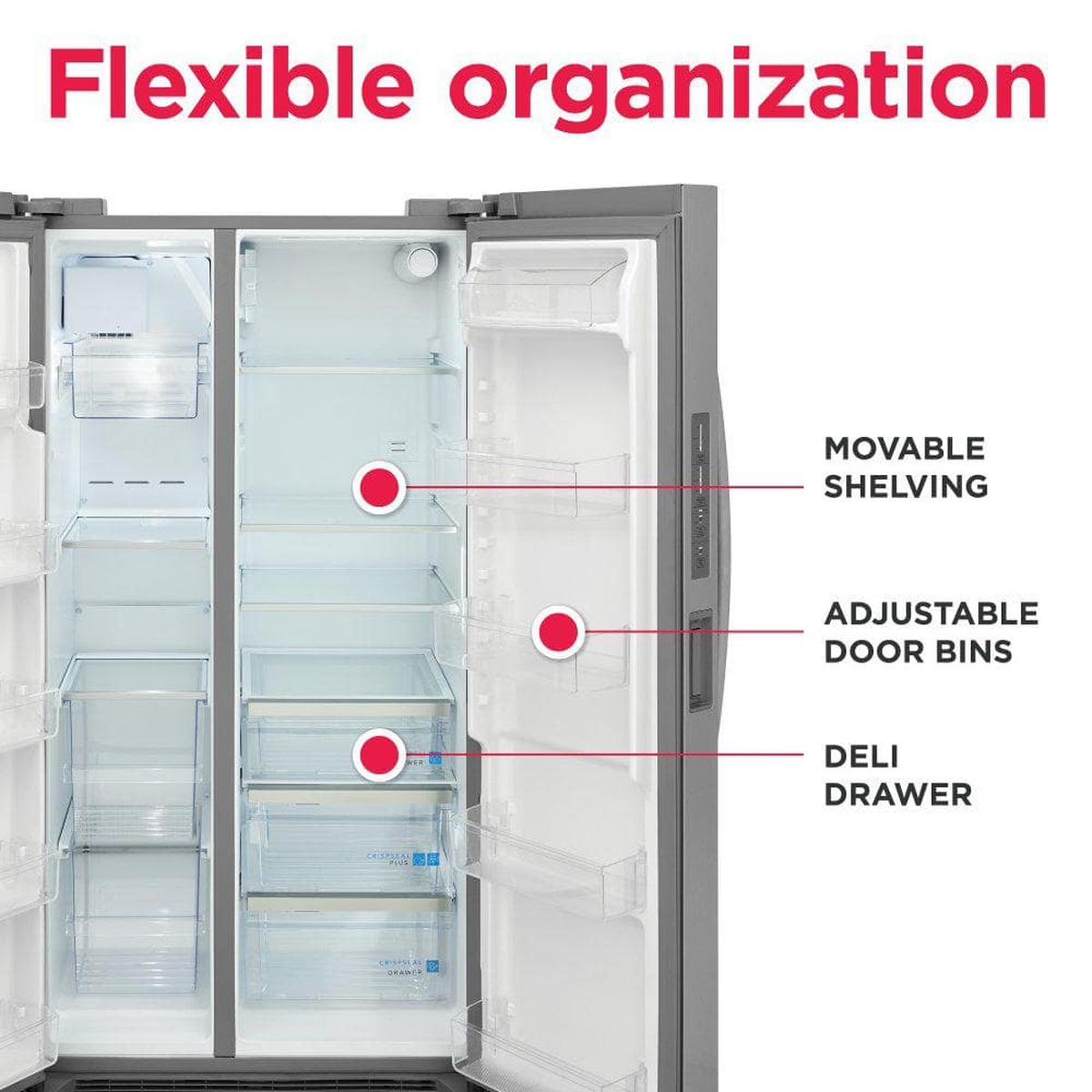 Open side-by-side refrigerator highlighting movable shelves, adjustable door bins, and deli drawer