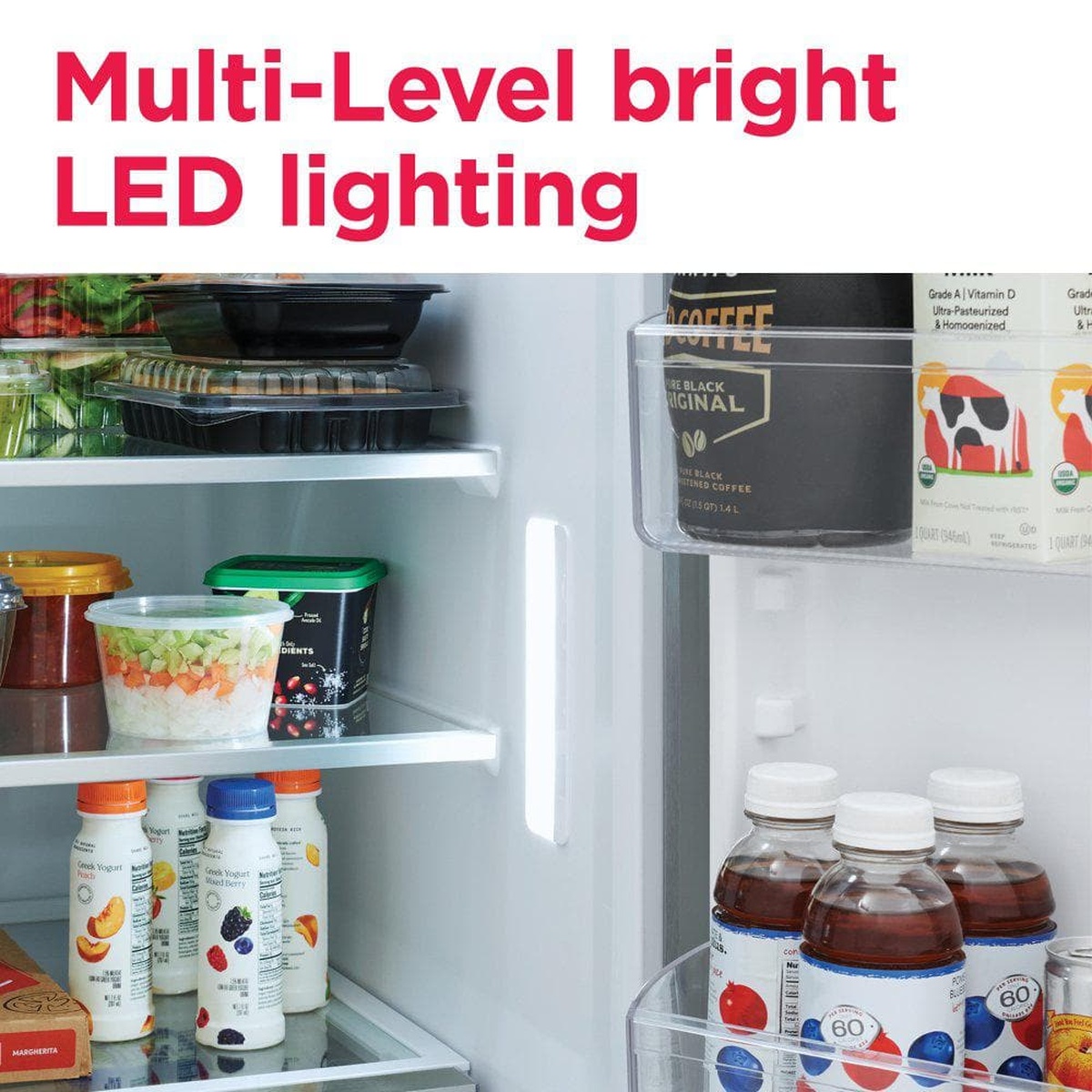 Close-up of bright multi-level LED lighting illuminating shelves and door storage