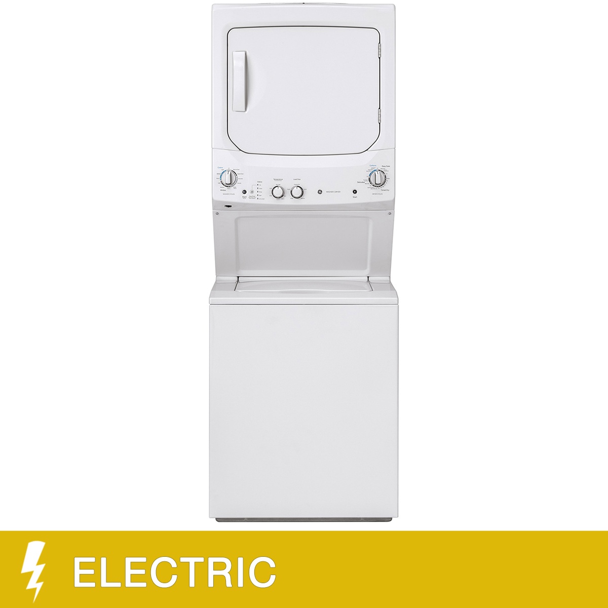 GE 24-inch stacked washer dryer front view with electric badge