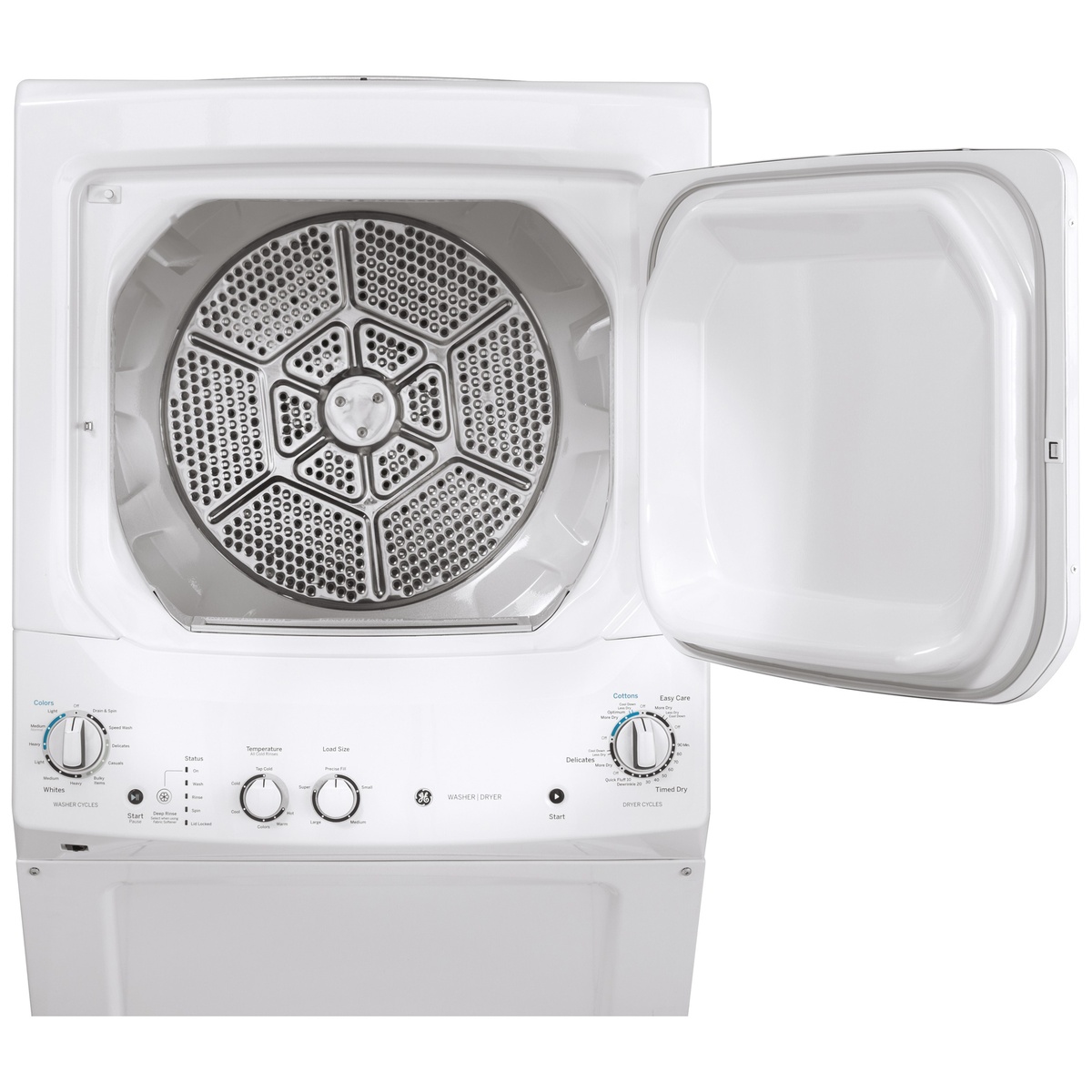Front-load dryer door open showing stainless drum and eye-level rotary controls below.