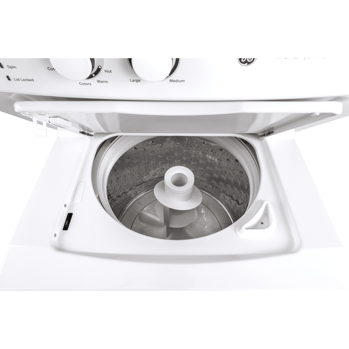 Top-load washer open showing stainless steel basket with central agitator and dispenser.