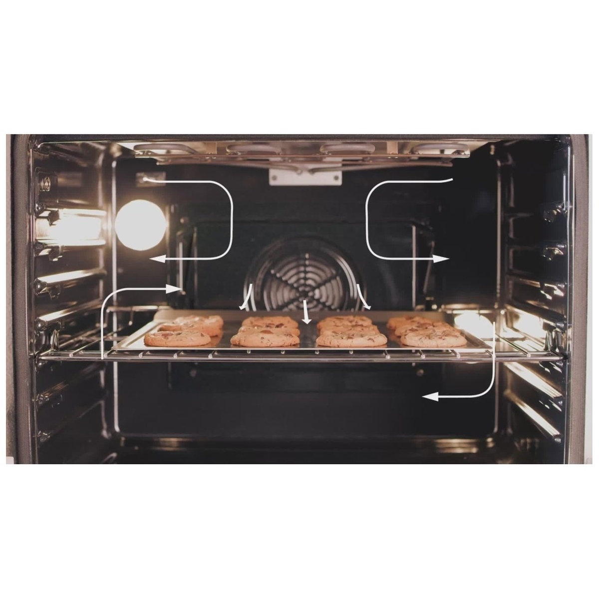 Lower oven interior with cookies and arrows illustrating convection airflow around a fan.