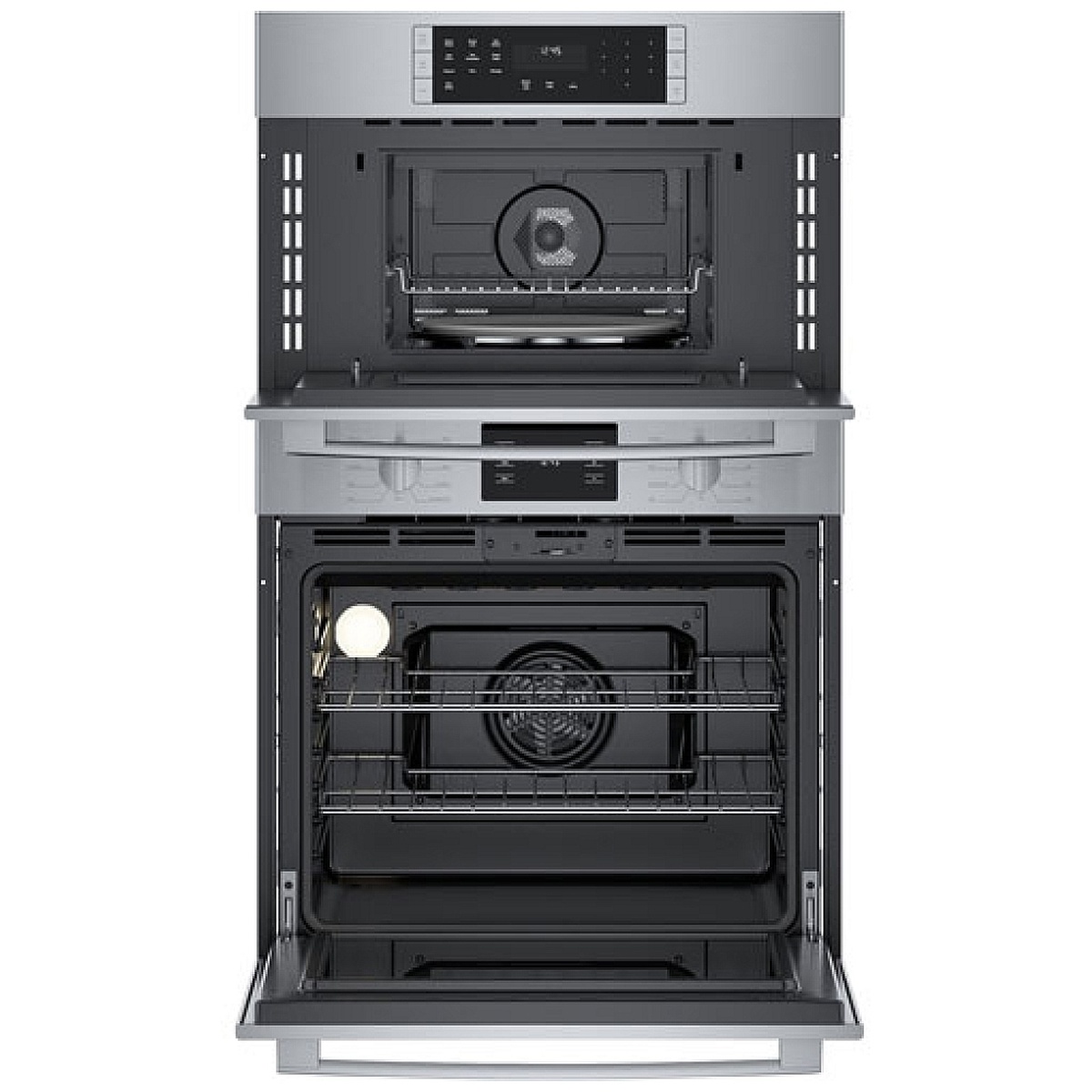 Both oven cavities open showing racks, interior lights, and convection fan.