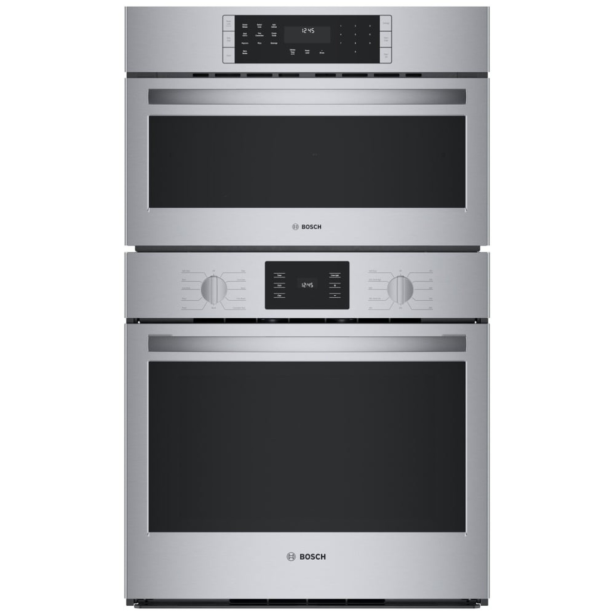 Front view of Bosch stainless steel combination wall oven showing upper speed oven and lower oven doors.