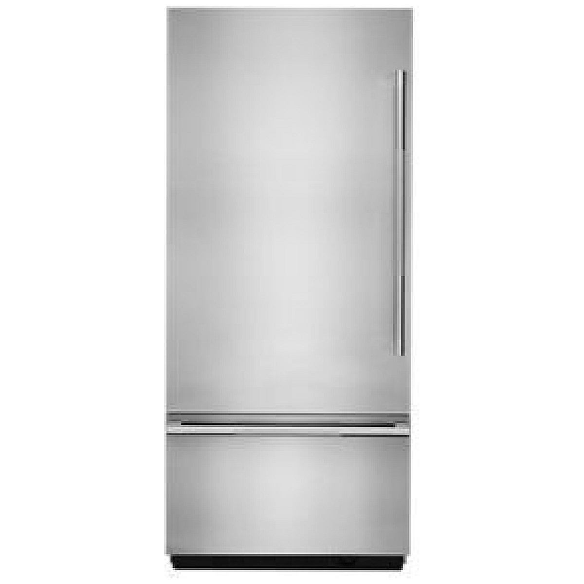 Front view of stainless refrigerator panel kit showing flush fit and bottom grille area.