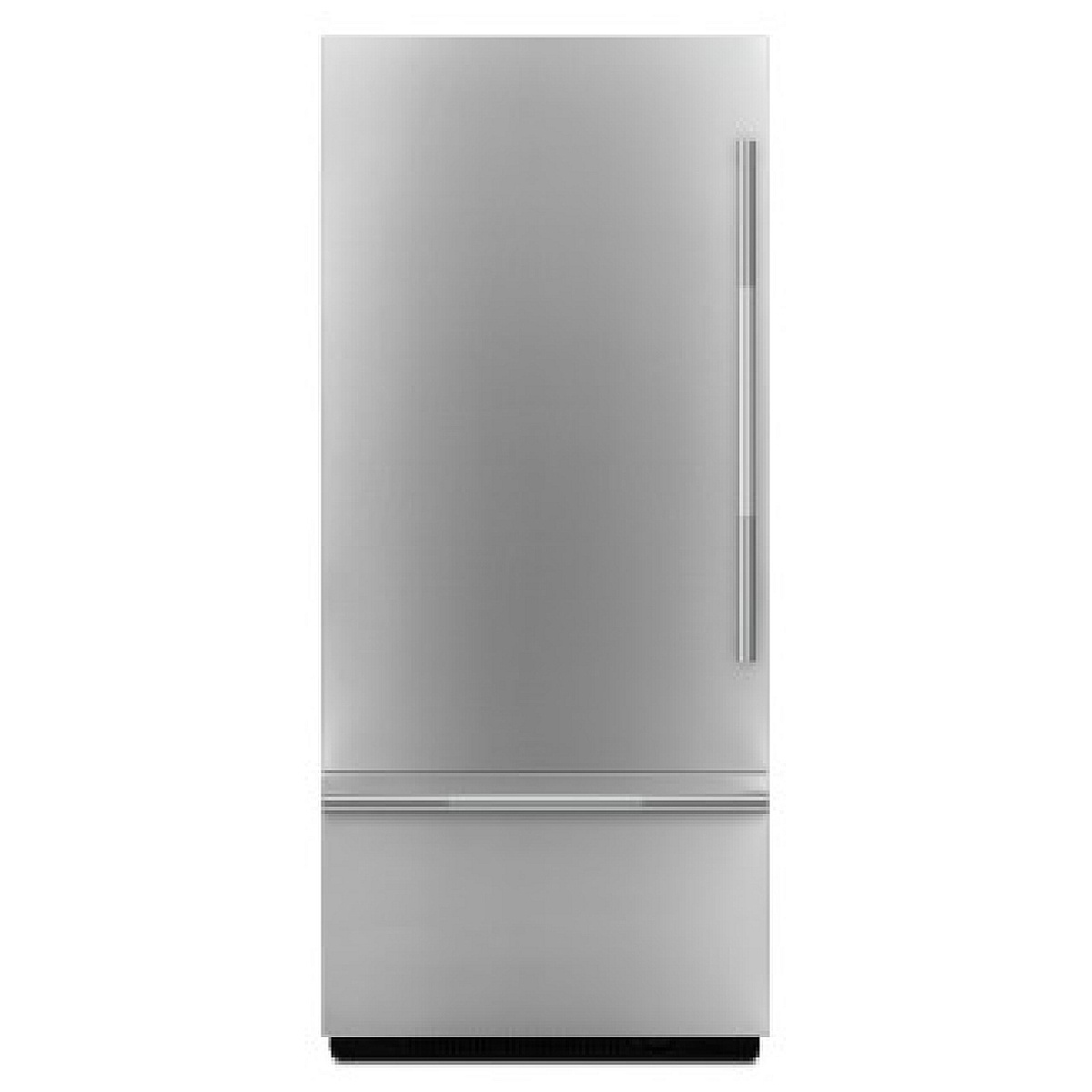 Stainless steel built-in refrigerator front with long vertical handle and bottom freezer drawer line.