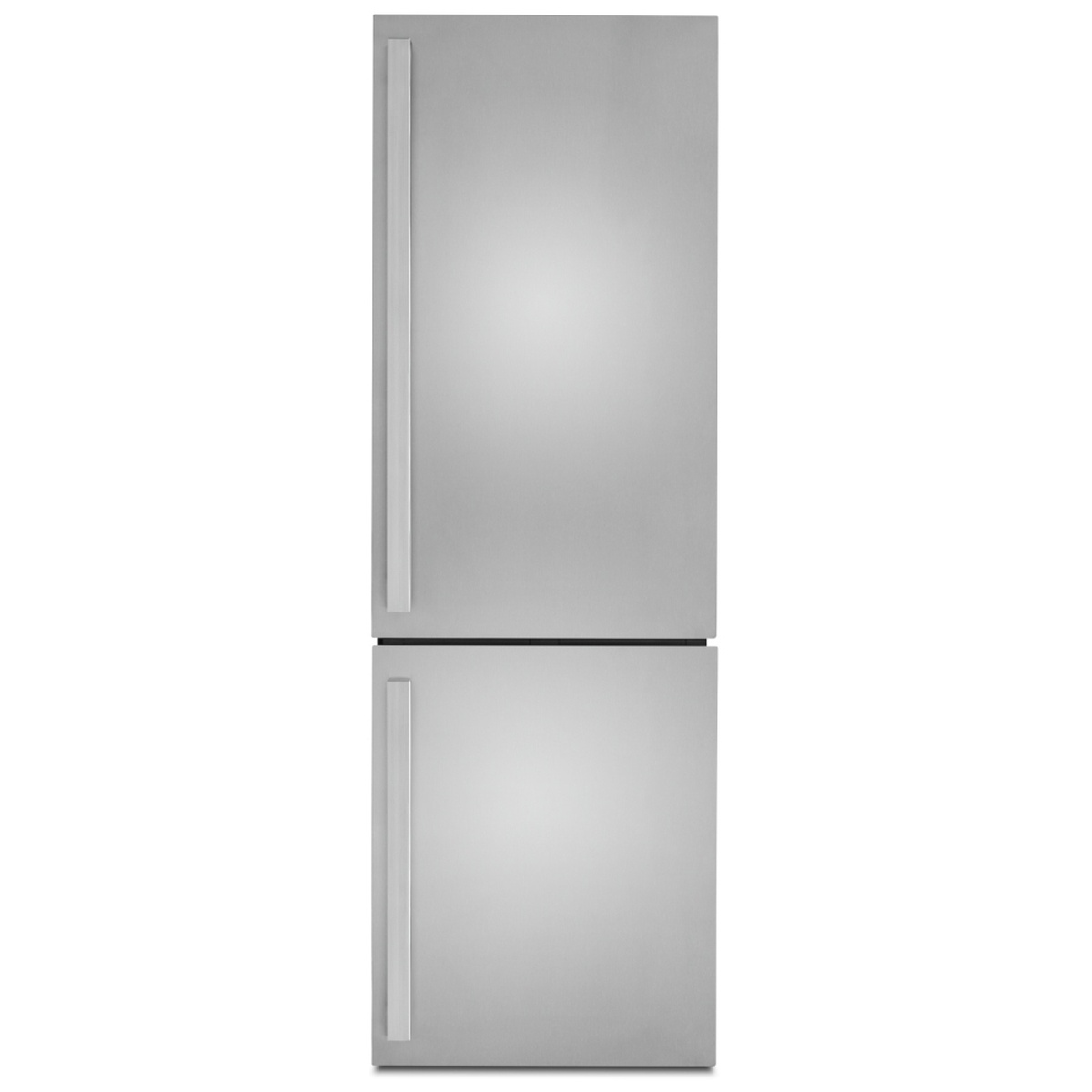 Front view of a panel-ready bottom-freezer refrigerator with sleek handles