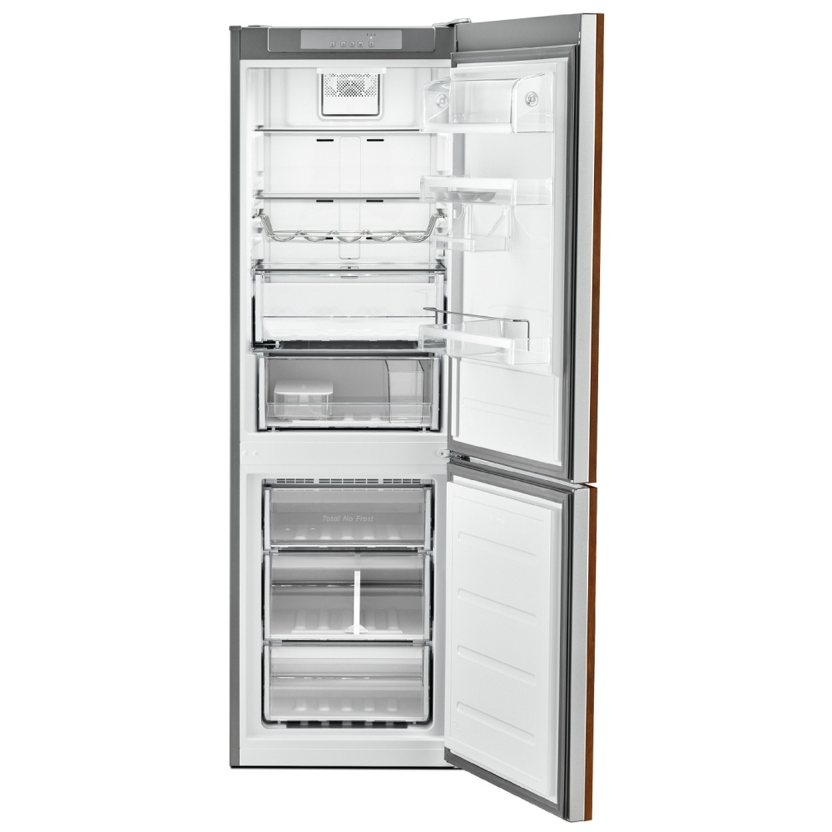 Open interior showing adjustable glass shelves, door bins, crisper and freezer drawers