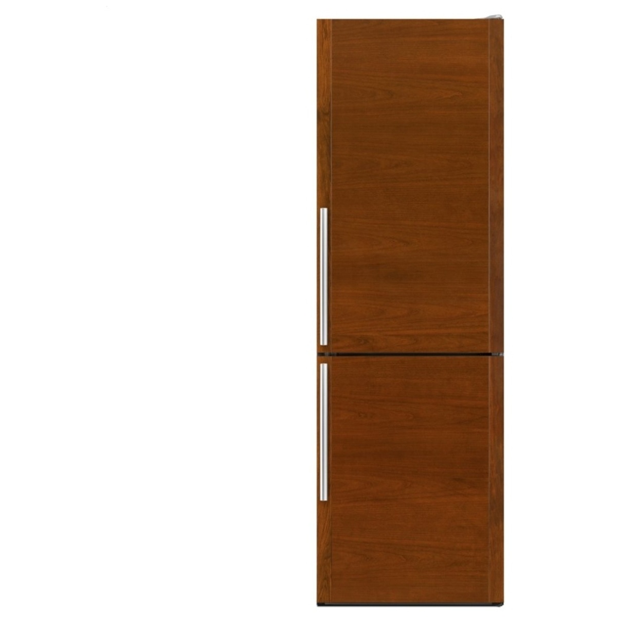 Panel-ready 24-inch JennAir bottom-freezer refrigerator with wood cabinet panels and vertical handles