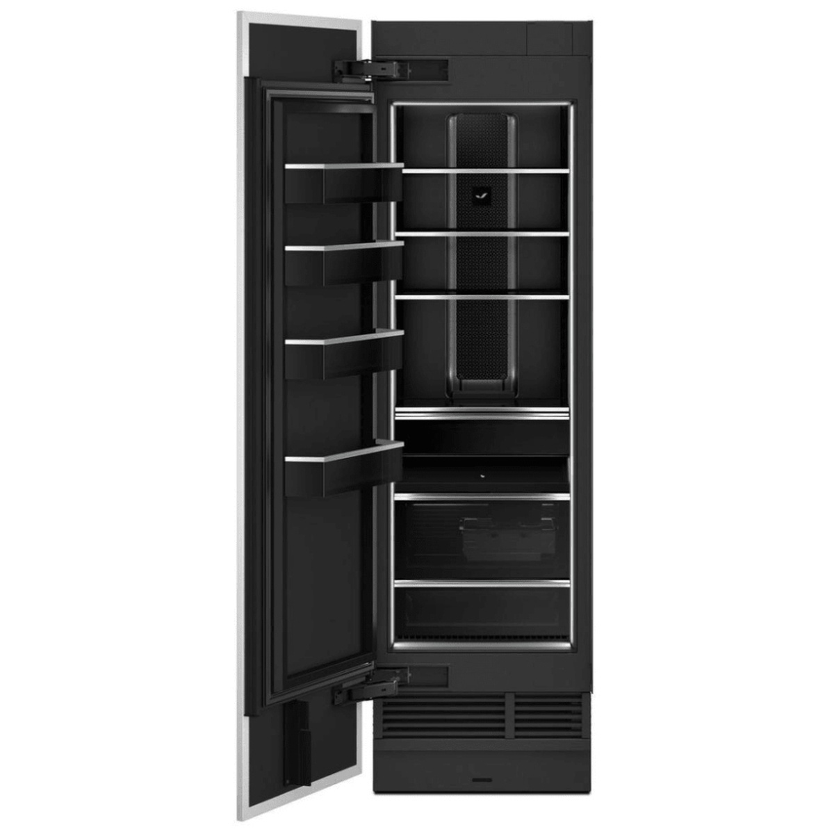 Open interior view showing obsidian finish, adjustable shelves and door bins