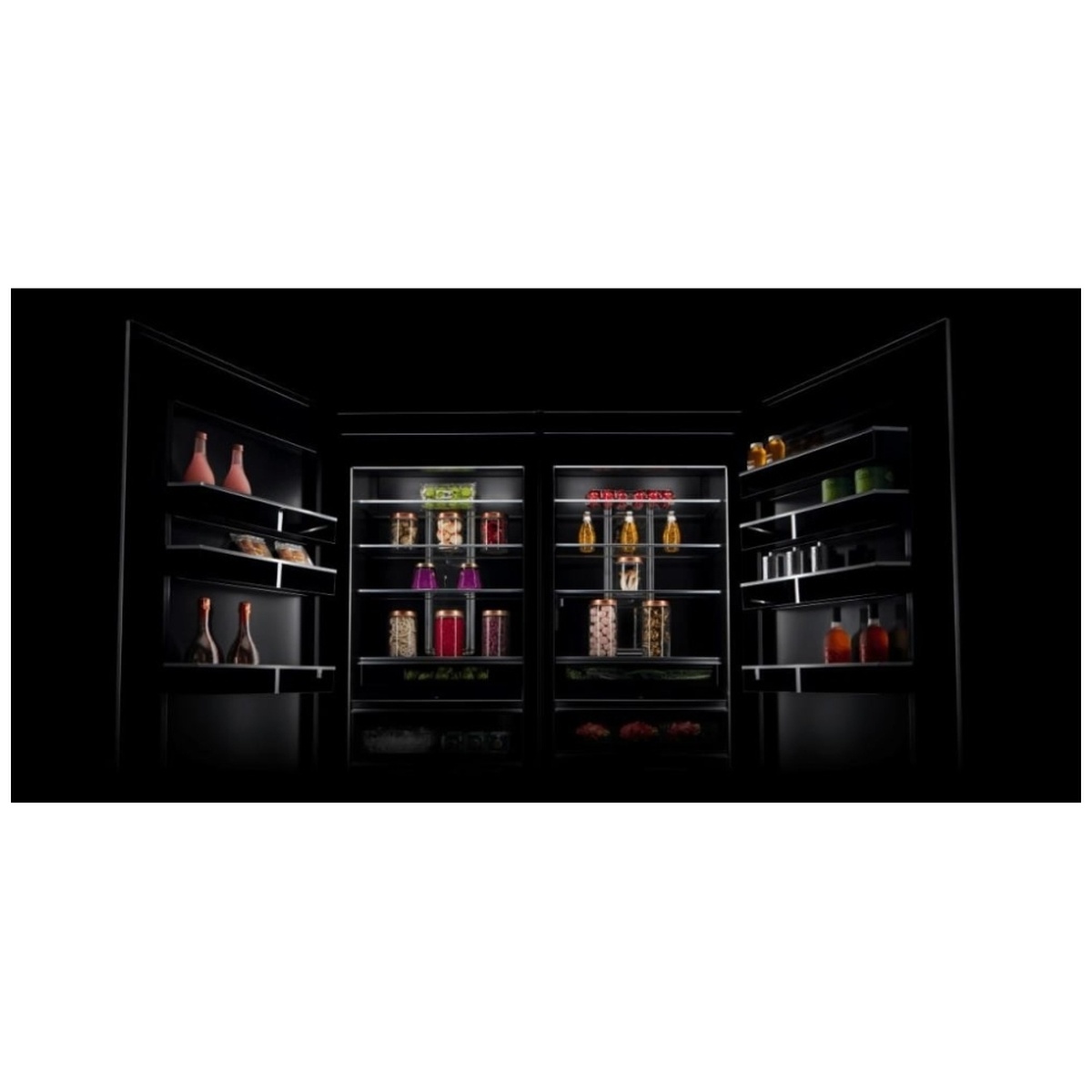Lifestyle view of stocked columns with jars, bottles and produce under uniform LED lighting