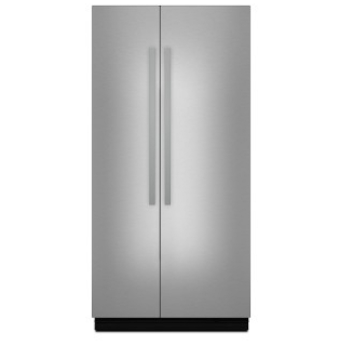 Full-height stainless double-door refrigerator panel kit with elongated vertical handles.
