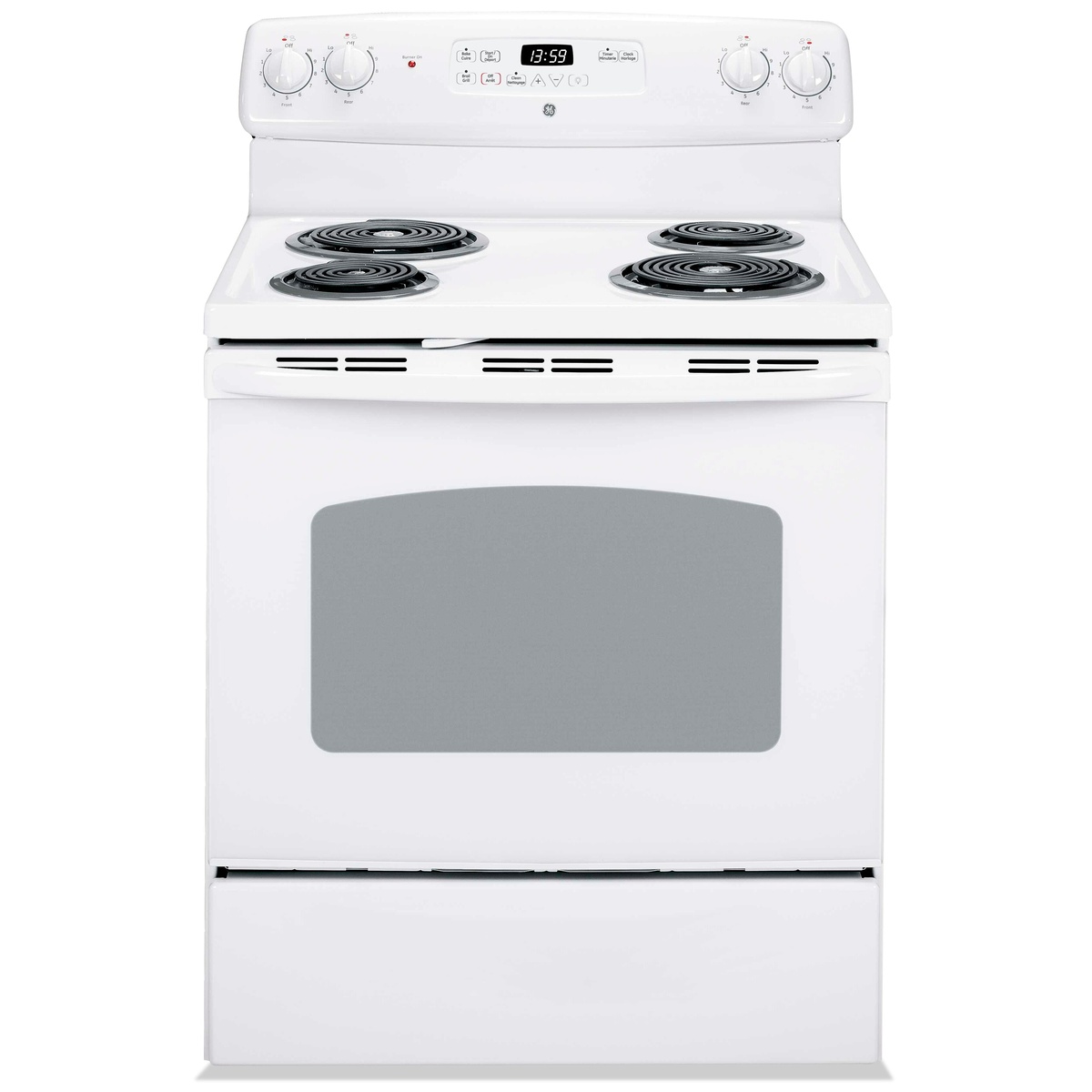 Front view of GE range highlighting control panel, oven door, and storage drawer.
