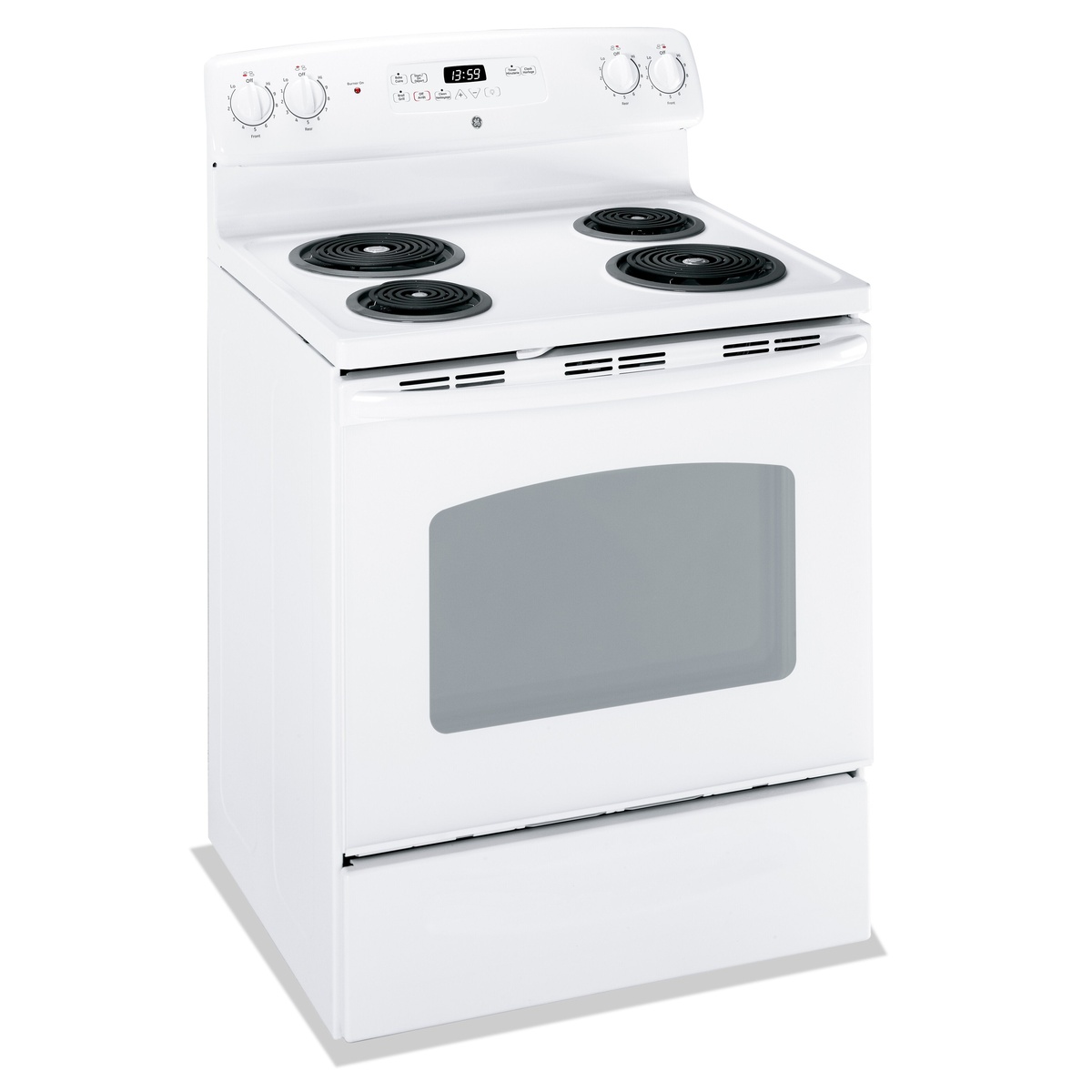 Angled view of the GE white range showing four coil elements and large oven window.