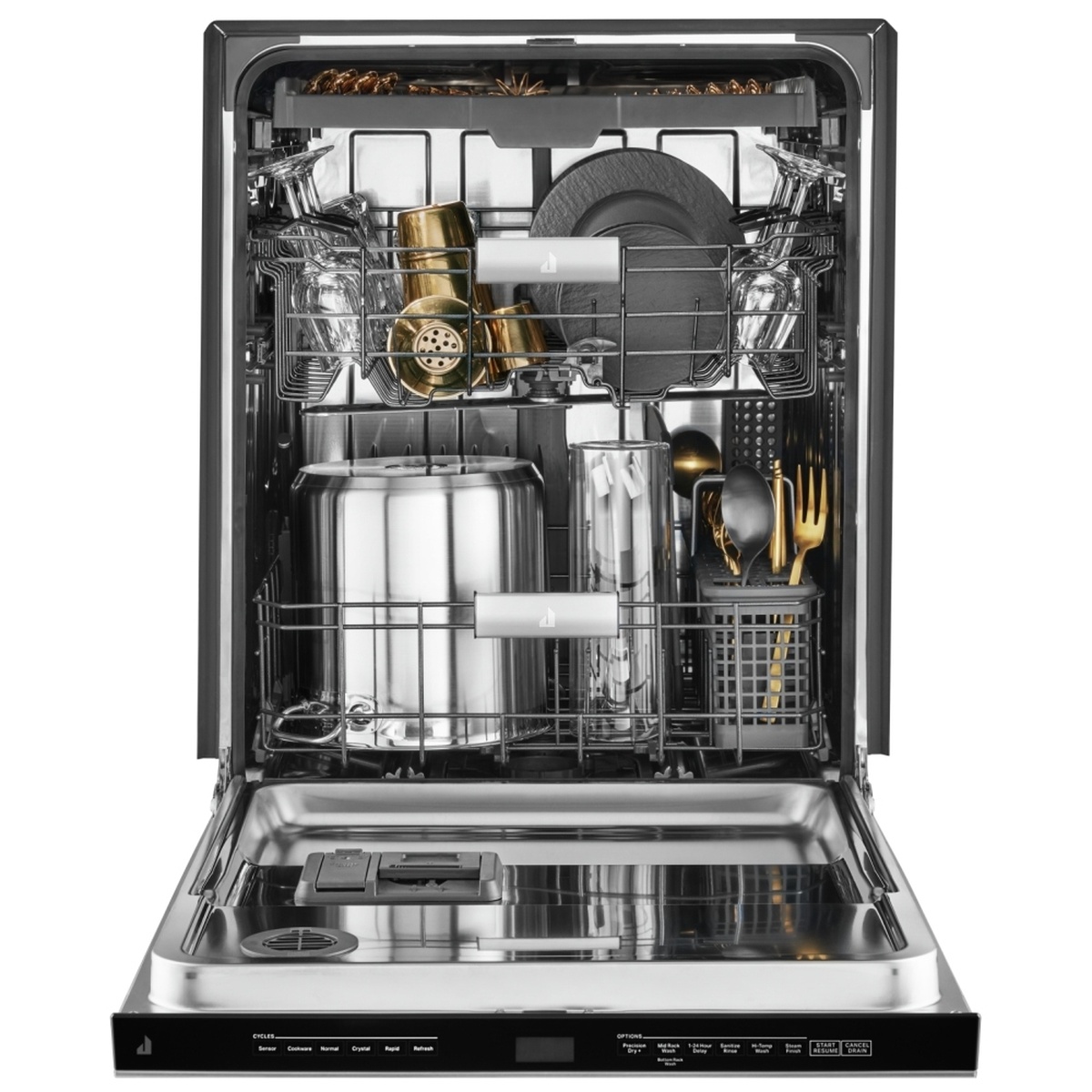 Dishwasher interior loaded with dishes across upper, middle and lower racks