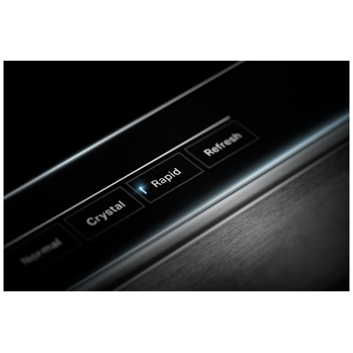 Close-up of dishwasher control panel showing Rapid, Crystal and Refresh buttons